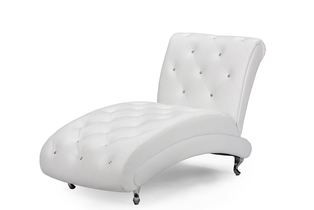 Baxton Studio Pease Contemporary Faux Leather Upholstered Crystal Button Tufted Chaise Lounge, White