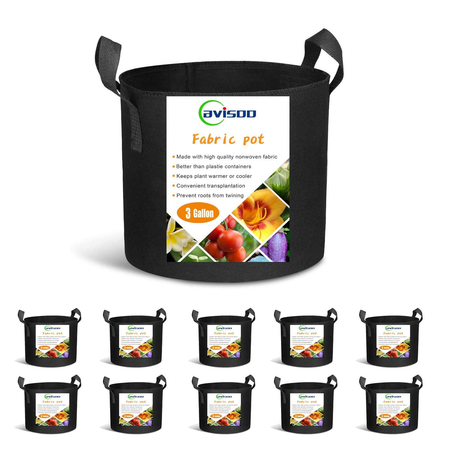Cavisoo 10-Pack 3 Gallon Plant Grow Bags, Heavy Duty 300G Thickened Non-Woven Aeration Fabric Pots With Reinforced Handles