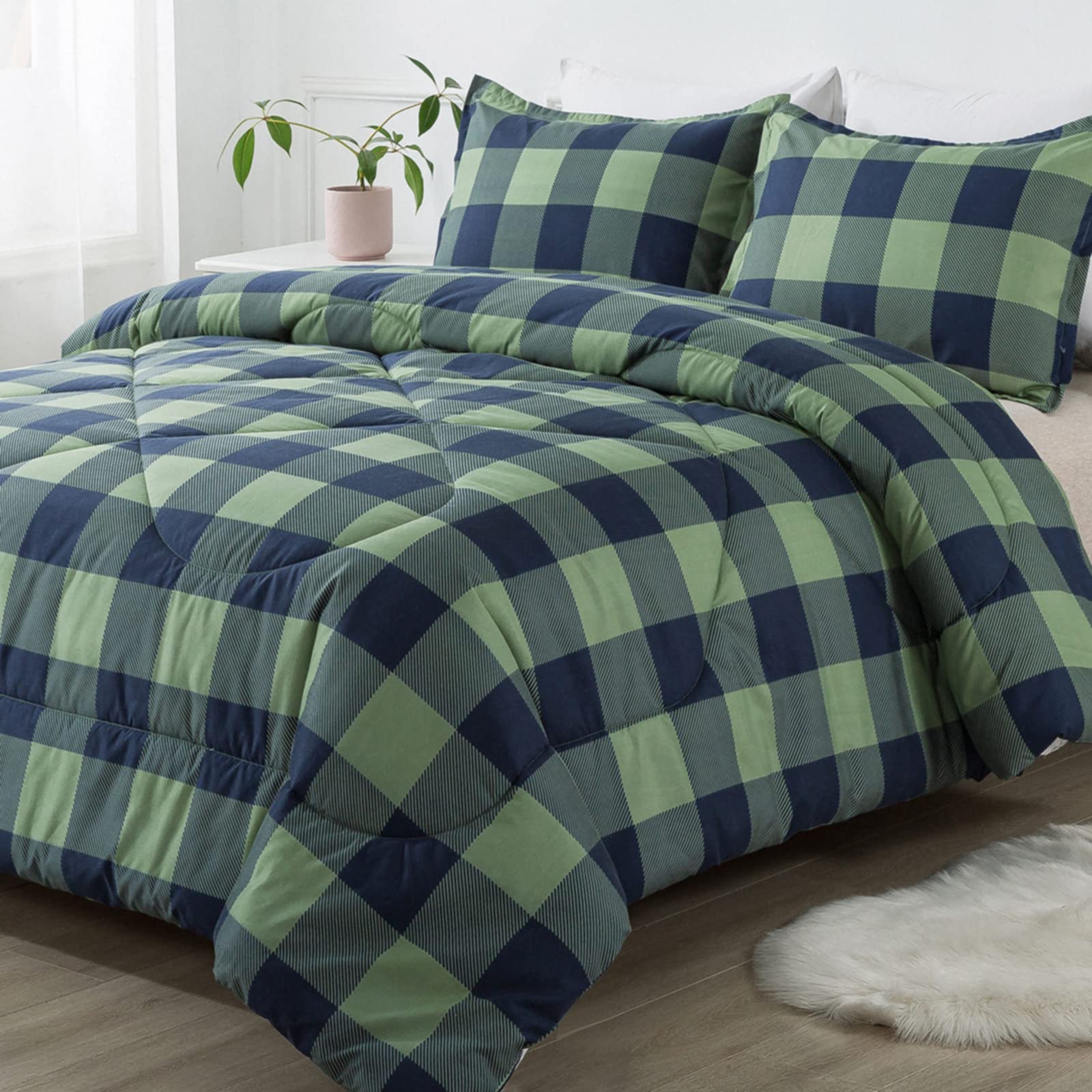 Andency Green Plaid Queen Comforter Set (90X90 Inch), 3 Pieces (1 Plaid Comforter And 2 Pillowcases) Buffalo Check Plaid Comfort