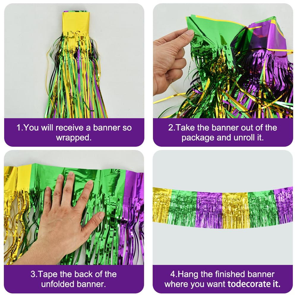 Beishida 3 Packs Metallic Foil Fringe Garland Green Gold Purple Wall Hanging Tinsel Fringe Banners For Car Floats Bridal Shower