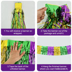 Beishida 3 Packs Metallic Foil Fringe Garland Green Gold Purple Wall Hanging Tinsel Fringe Banners For Car Floats Bridal Shower