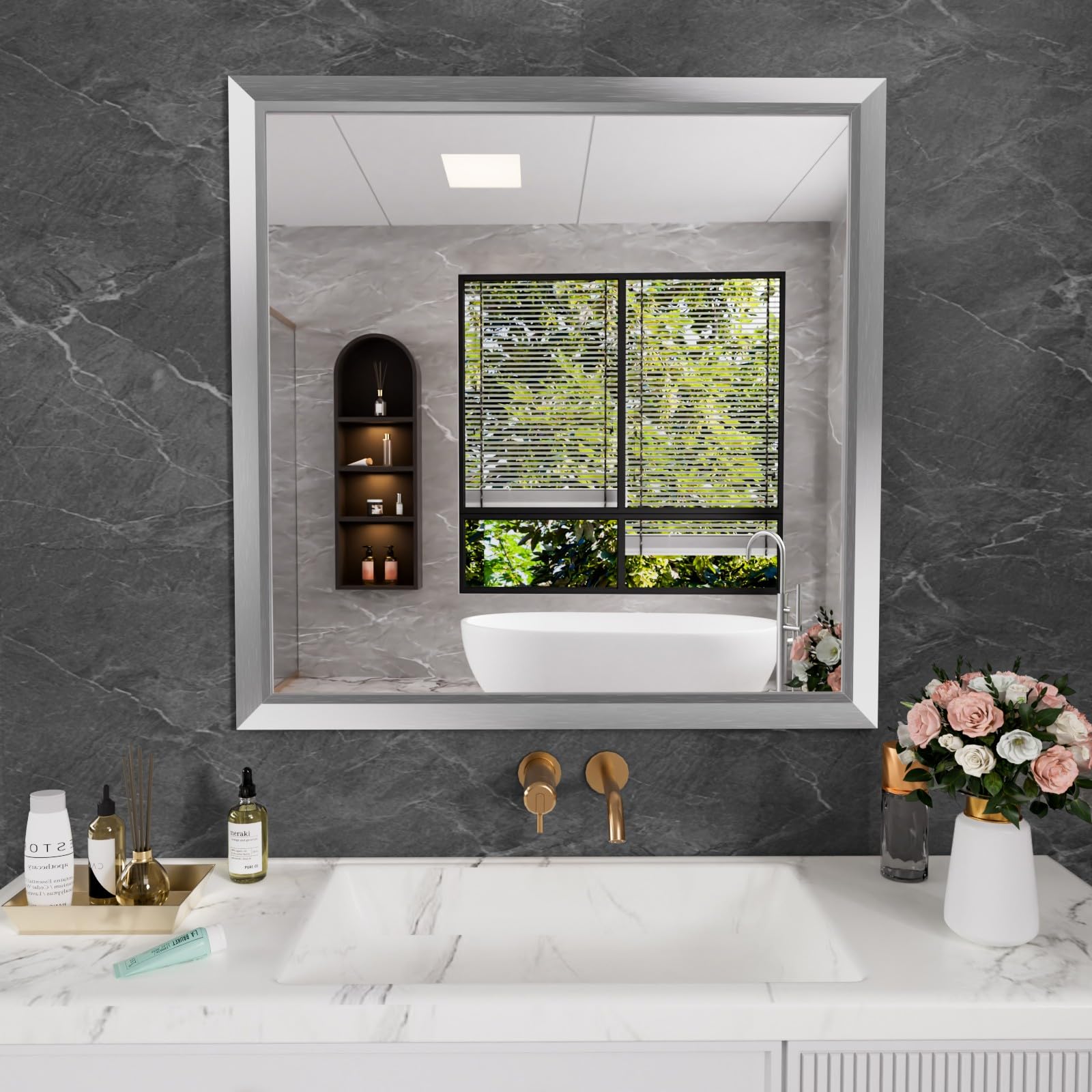 Amorho 36x36 Inch Bathroom Mirror Silver, Thick Metal Framed Wall Mirrors for Over Sink, Brushed Nickel Mirror Perfect for Bedro