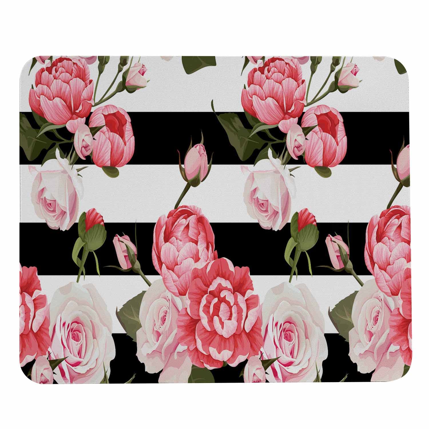 Pehede Mouse Pads Pink Roses Black And White Striped Background,Mouse Pads For Computers Laptop Mouse,Mouse Pads For Home,Office
