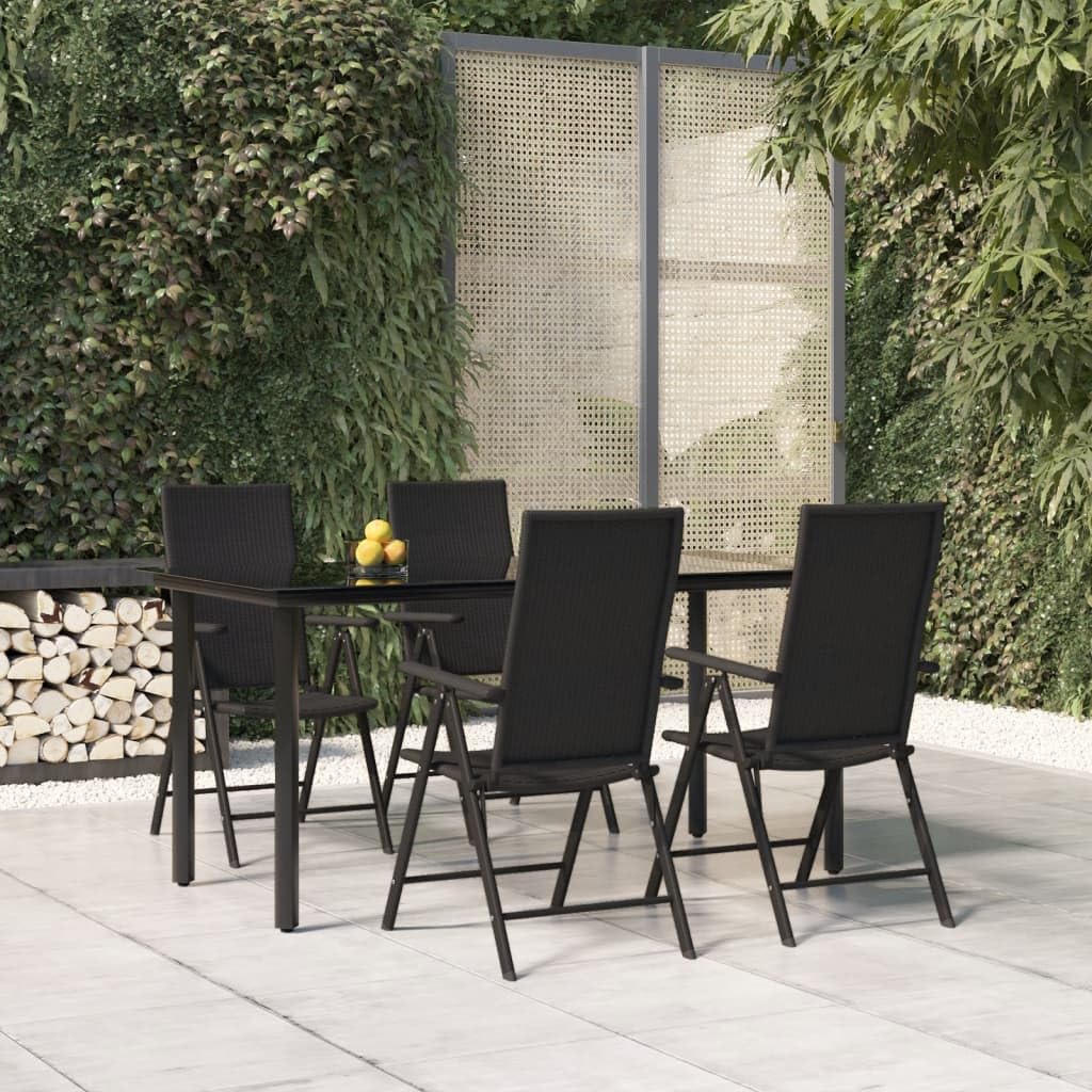 vidaXL Patio Dining Set 7 Piece - Adjustable Reclining Chairs - Foldable - Black Poly Rattan - Tempered Glass Table Top - Modern Outdoor Lounging