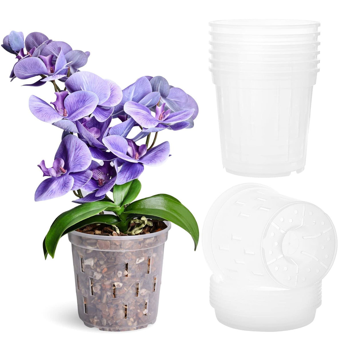 Truedays Orchid Pot With Saucers (6 Inch 6-Pack), Clear Orchid Pots With Holes, Plastic Planter With Trays, Planters For Indoor
