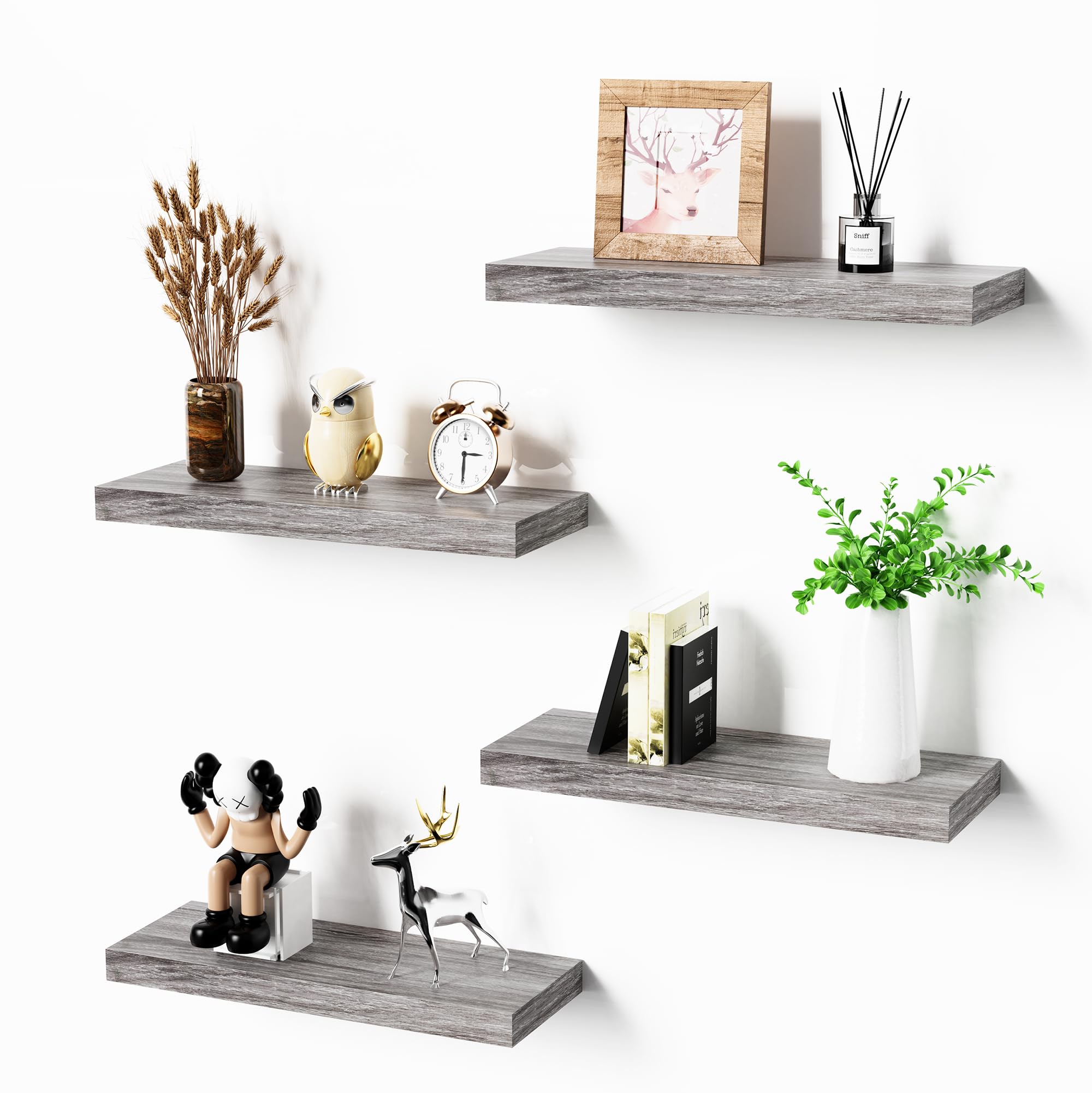 Bellsal Floating Shelves for Wall, Gray Engineered Wood Wall Shelf Set of 4, 16'' Wall Mounted Floating Shelf for Kitchen, Livin