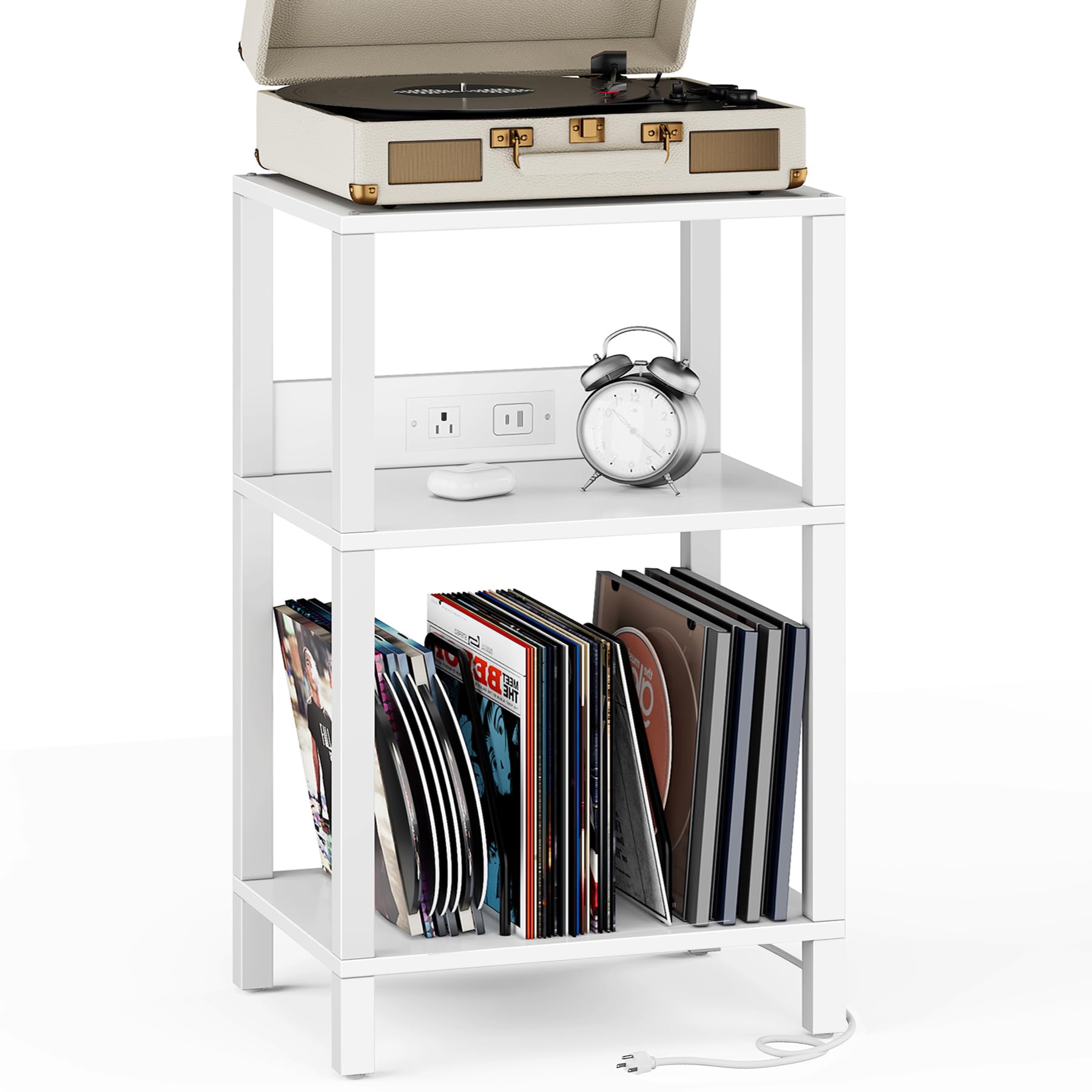 TUTOTAK Record Player Stand with Storage Up to 100 Albums,Record Storage Table,3 Tier End Table with Charging Station,Side Table