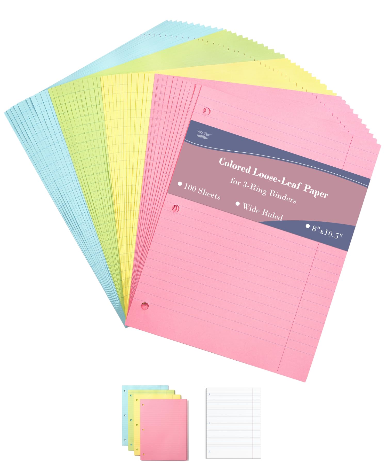 Mr. Pen- Colored Loose Leaf Paper Wide Ruled, 100 Sheets, 8    X 10.5   , 3- Hole Punched, Notebook Paper