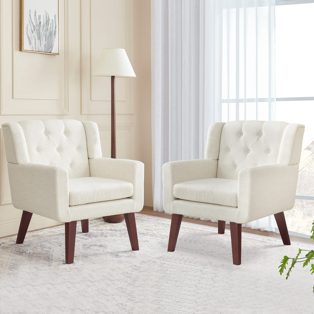 Accent Chair Button-Tufted Upholstered Living Room Chairs Comfy Reading Chair Mid Century Modern Chair With Linen Fabric Lounge