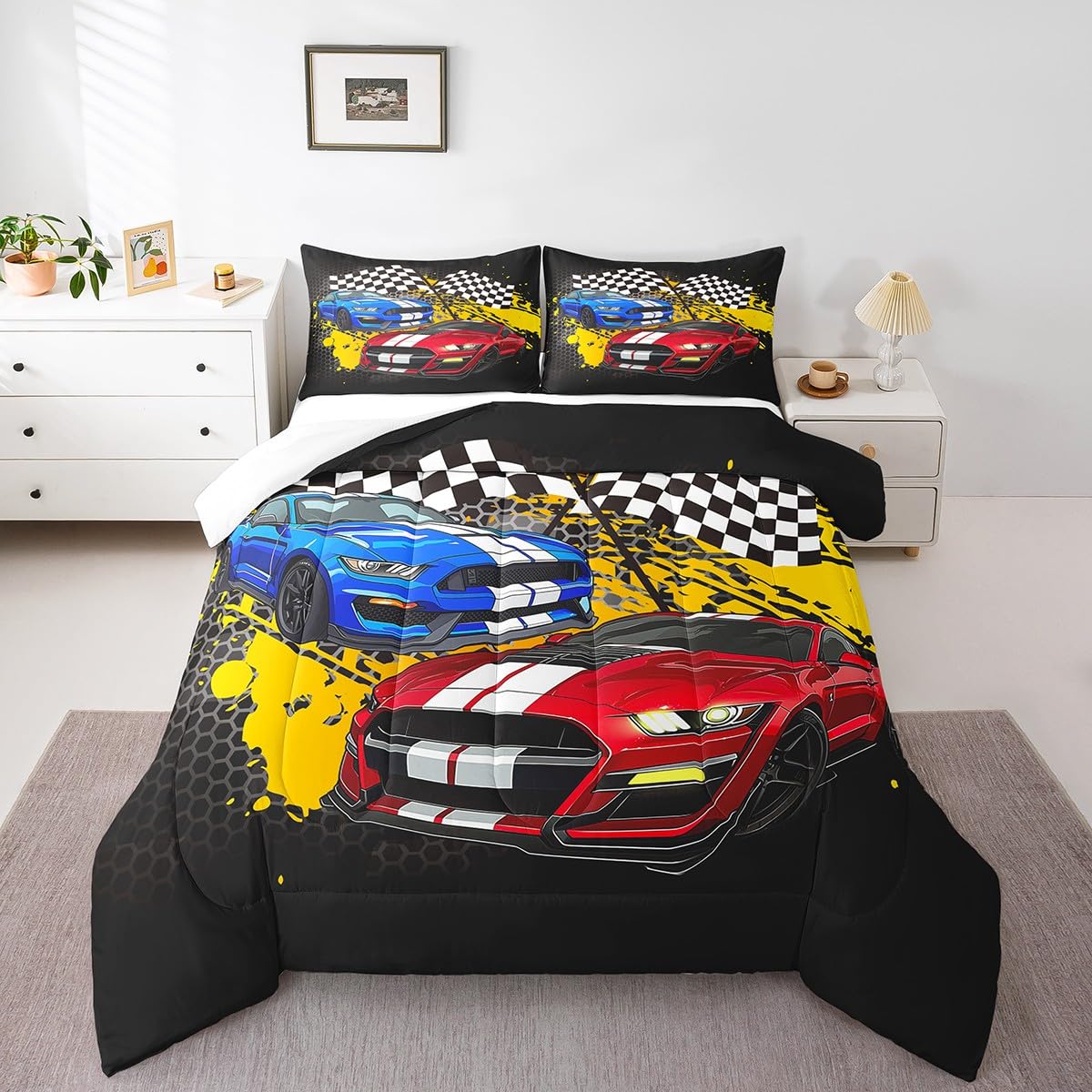 Teens Cool Racing Car Comforter Set Queen Size,Red Blue Car Bedding Set For Kids Boys Girls Bedroom Decoration,Speed Race Car Be