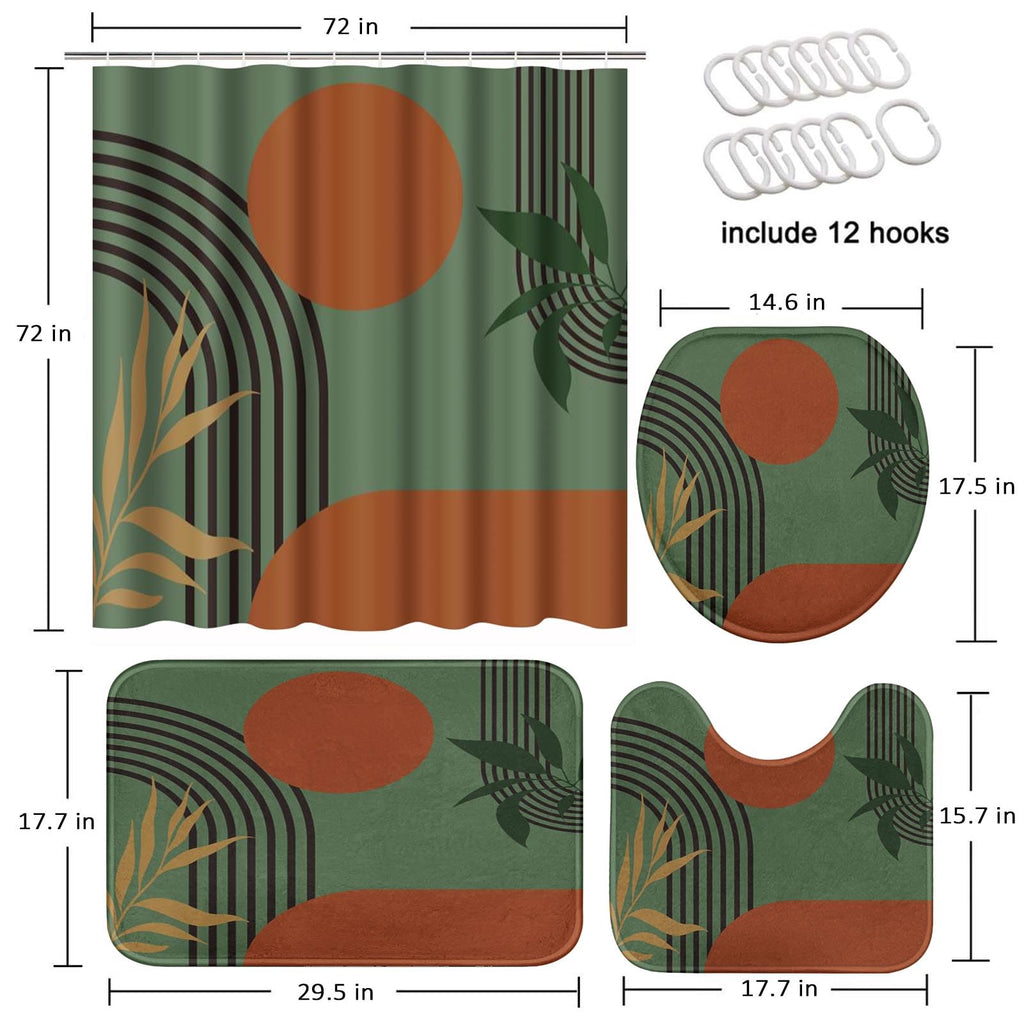 Tayney Boho Mid Century Shower Curtain Set With Toilet Lid Cover And Non-Slip Rugs, Green Background 4 Pcs Modern Minimalist Sho
