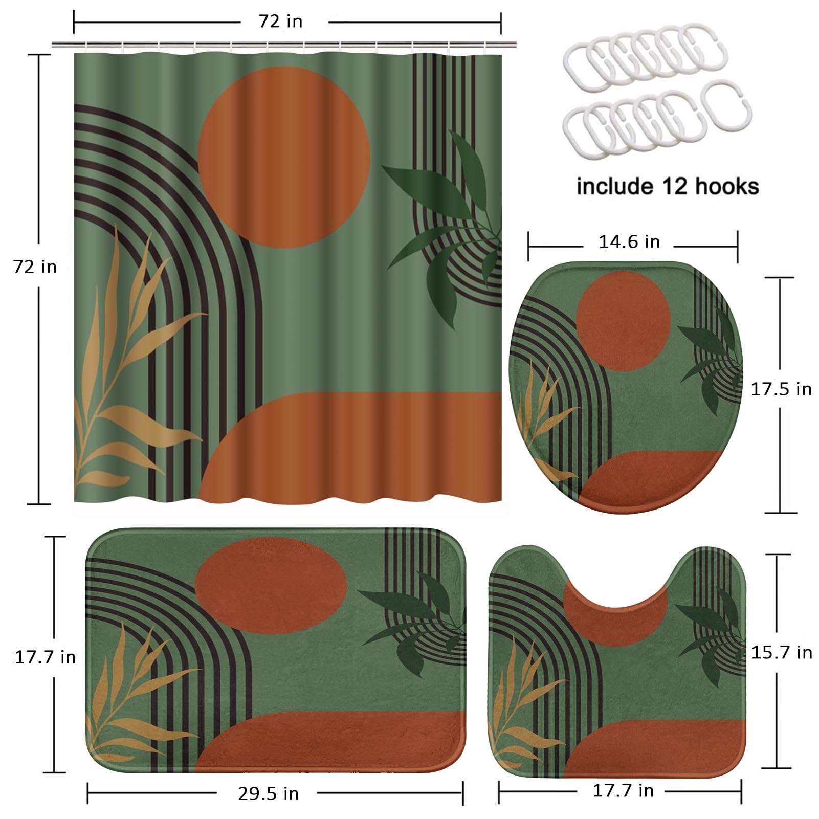 Tayney Boho Mid Century Shower Curtain Set With Toilet Lid Cover And Non-Slip Rugs, Green Background 4 Pcs Modern Minimalist Sho