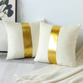 Artscope White Beige Velvet Throw Pillow Covers With Gold Leather Stitching Luxury Modern Minimalist Square Pillowcase Cushion Covers For Bed Couch Sofa 16X16Inch Set Of 2