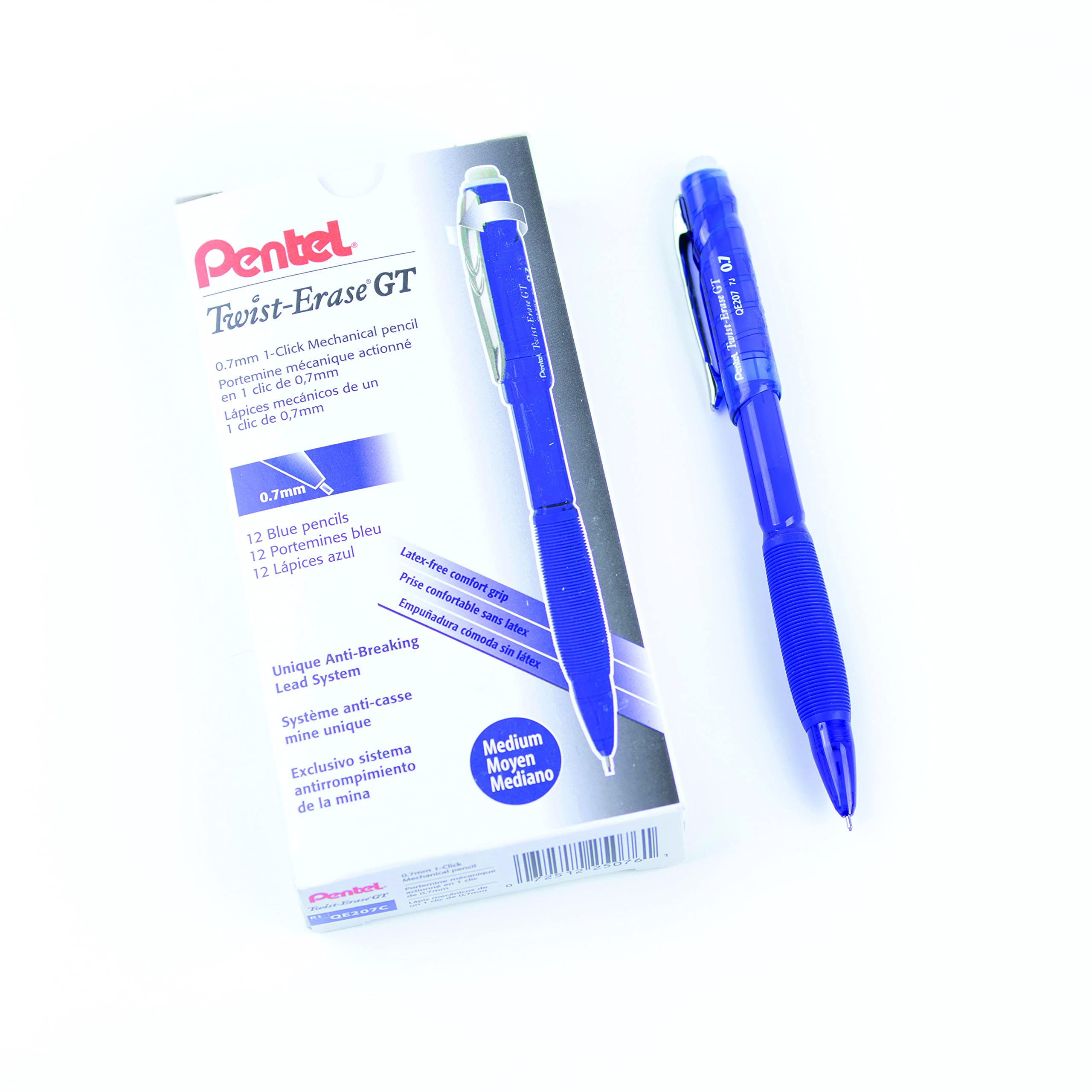Pentel Twist-Erase Gt, 0.7Mm, Mechanical Pencil Transparent Blue, Box Of 12 (Qe207C)