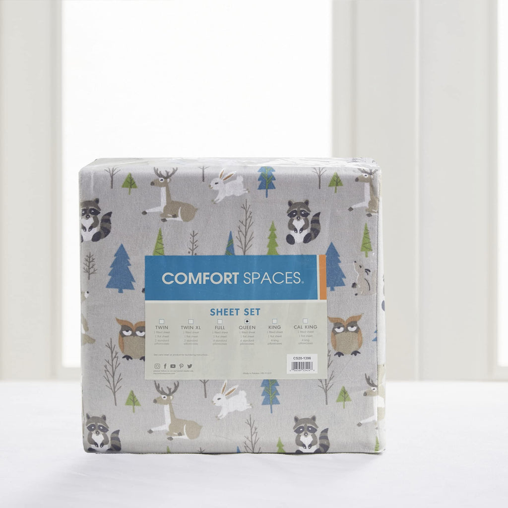 Comfort Spaces Cotton Flannel Breathable Warm, Deep Pocket Sheets With Pillow Case Bedding, King, Multi Forest Animals 4 Piece