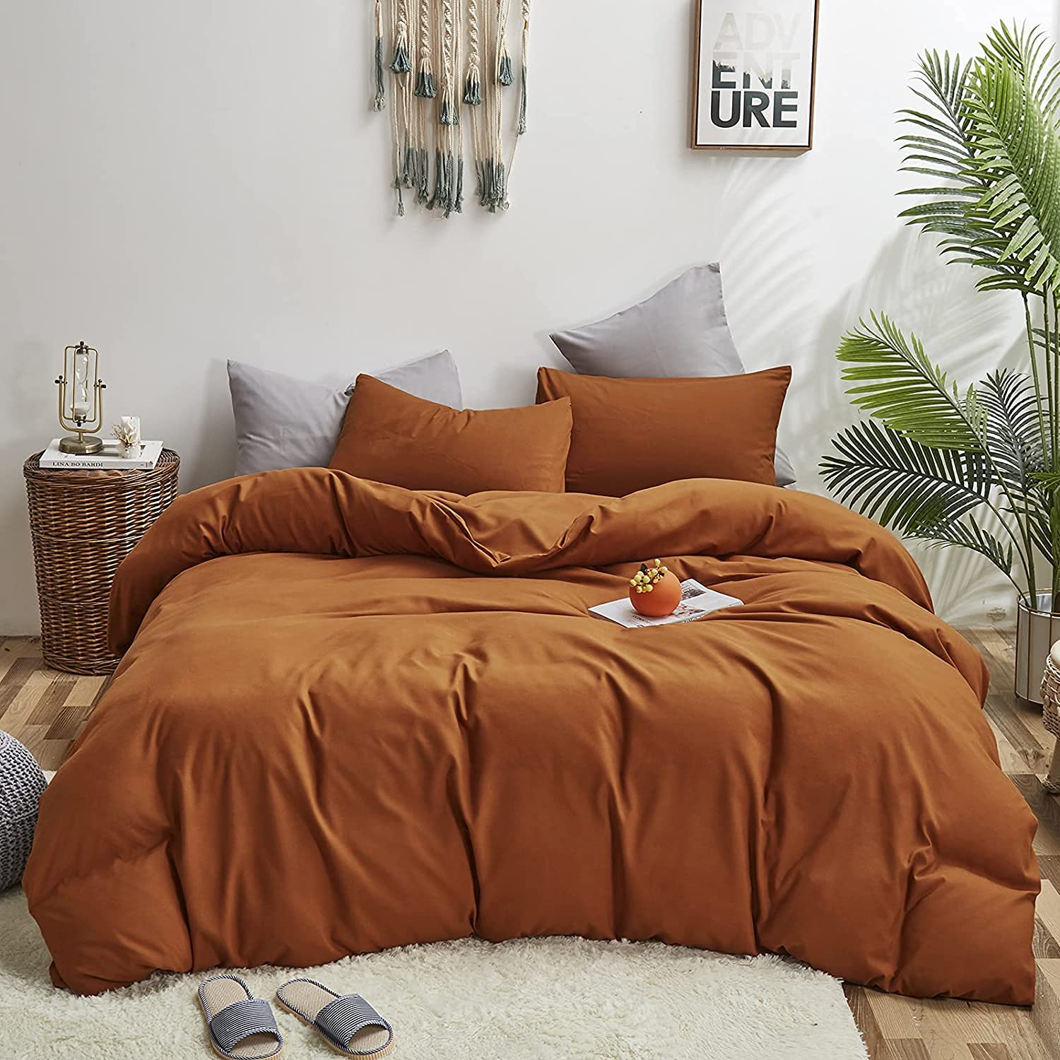 Wellboo Pumpkin Comforter Set King Size Solid Rust Bedding Comforters Plain Terracotta King Comforter Quilts Cotton Dusty Orange