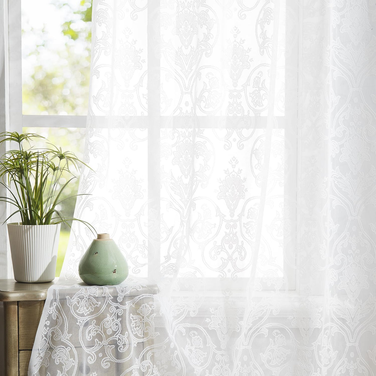 Damask Lace Sheer Curtains White Vintage Light Filtering Curtains for Bedroom, Elegant Victorian Floral Lace Sheer Curtains, Kni