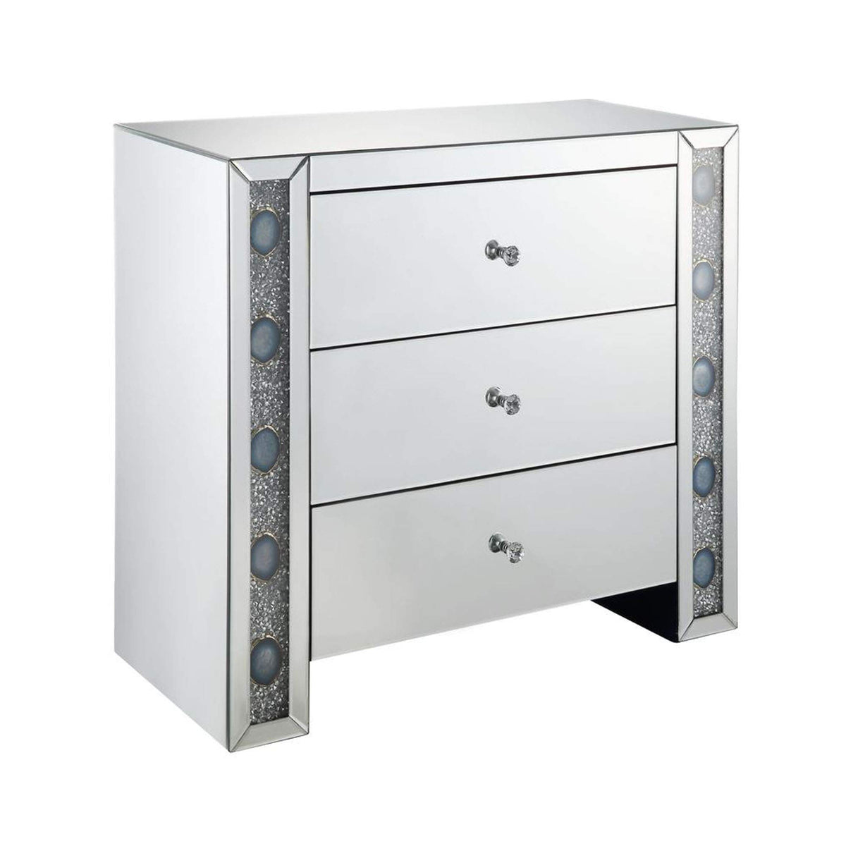 Benjara Wooden Framed Mirrored Console Table With Three Drawers And Faux Agate Accents, Silver