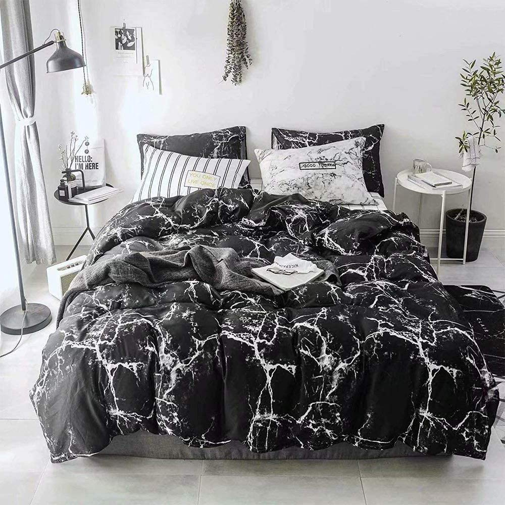 Clothknow Black White California King Comforter Sets 3Pcs Marble Bedding Comforter Sets Black Comforter Abstract Black Comforter