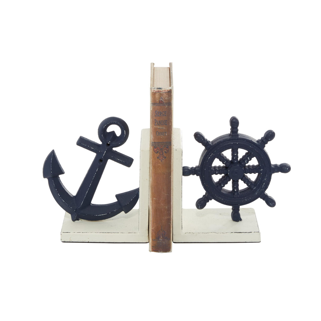 Deco 79 Metal Anchor and Ship Wheel Bookends, Set of 2 6''W, 6''H, Blue