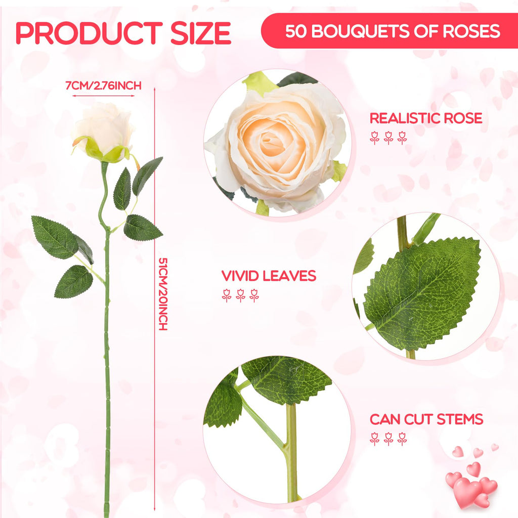 Jexine 50 Pcs Artificial Rose Flower Realistic Silk Roses With Stem Bouquet Of Flower Plastic Flower Real Looking Fake Rose For