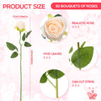 Jexine 50 Pcs Artificial Rose Flower Realistic Silk Roses With Stem Bouquet Of Flower Plastic Flower Real Looking Fake Rose For
