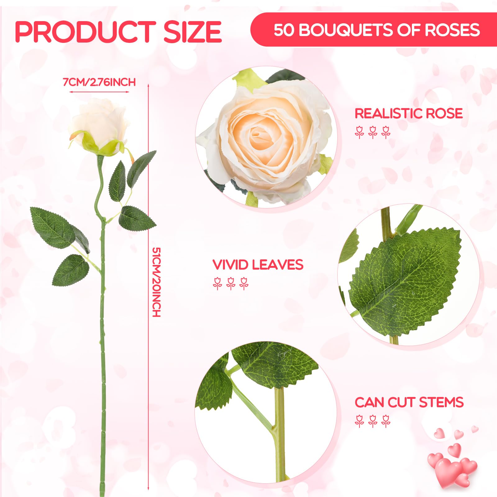 Jexine 50 Pcs Artificial Rose Flower Realistic Silk Roses With Stem Bouquet Of Flower Plastic Flower Real Looking Fake Rose For