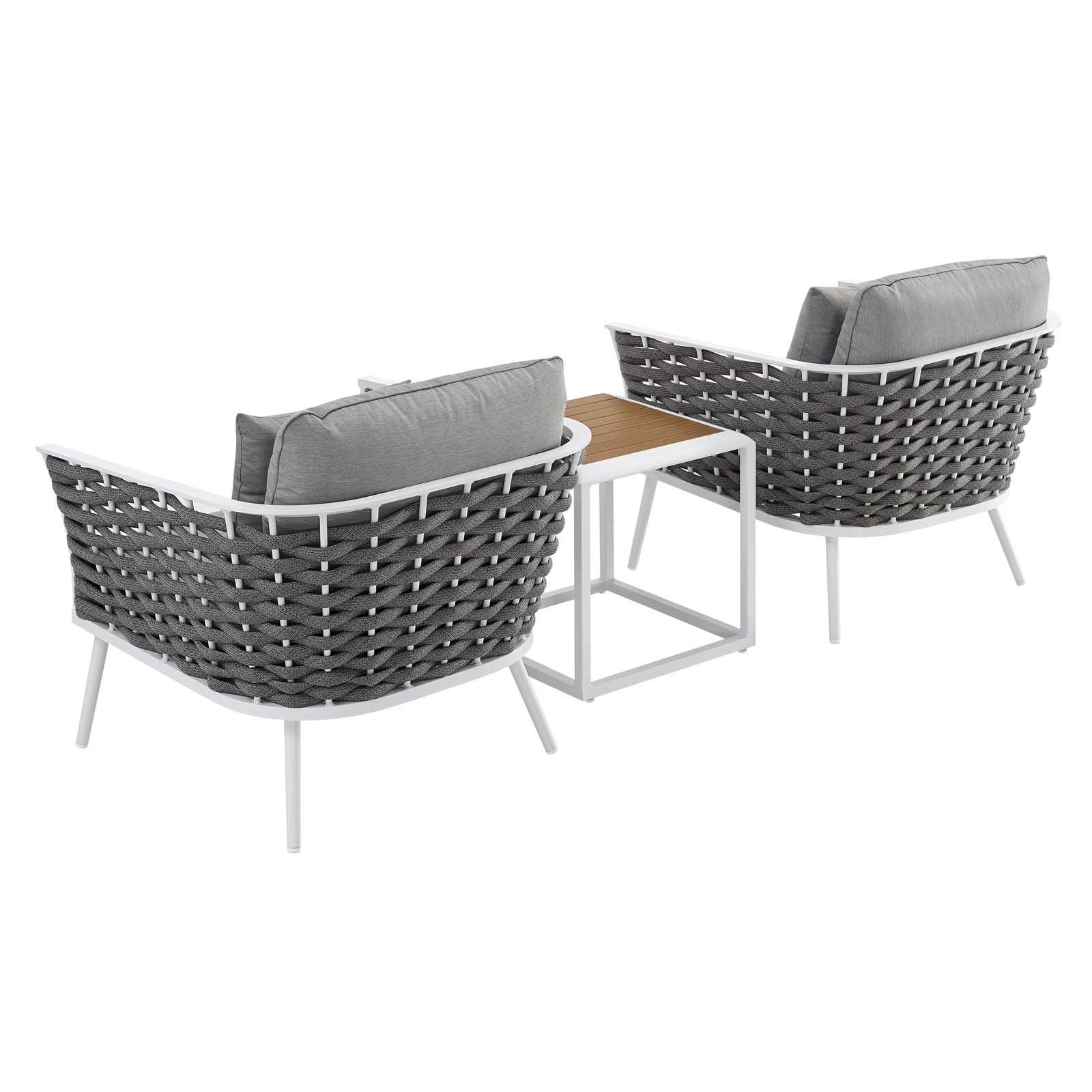 Modway Stance Outdoor Patio Aluminum, Side Table And Two Armchairs, White Gray