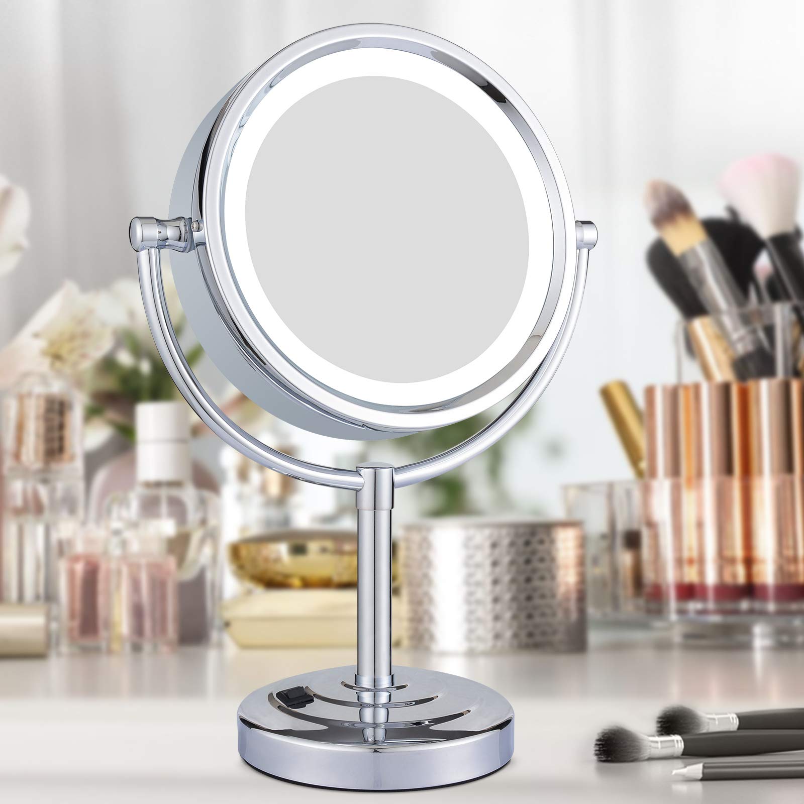 Gurun 8.5 Inch Tabletop Led Lighted Makeup Mirror With 10X Magnification Double Sided Vanity Mirror Plug Power Chrome Finish M22