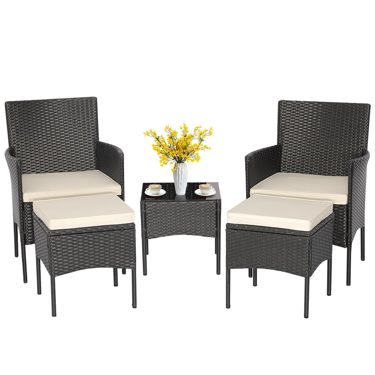 Kotek 5 Piece Patio Furniture Set, Rattan Bistro Set With 2 Ottomans & Soft Cushions, Wicker Chairs And Table Set, Outdoor Conversation Set For Garden, Porch, Poolside, Balcony