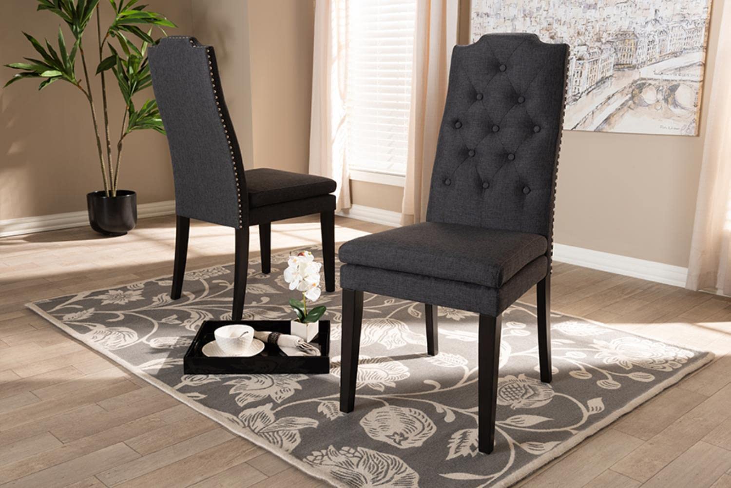 Baxton Studio Dylin Modern and Contemporary Charcoal Fabric Upholstered Button Tufted Wood Dining Chair Set