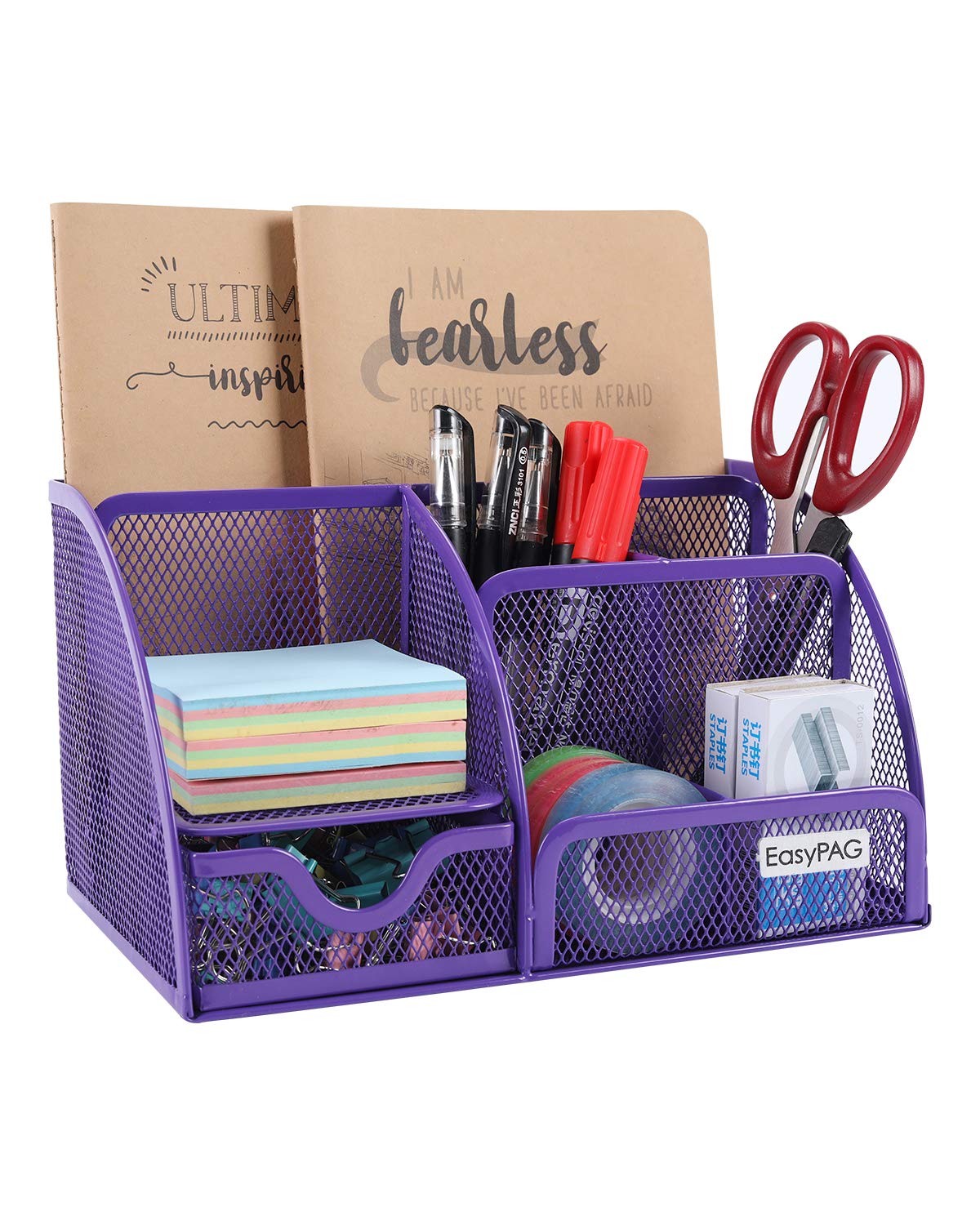 Easypag Mesh Office Desktop Organizer With Drawer Metal Stationary Desk Caddy, 6 Compartments,Purple