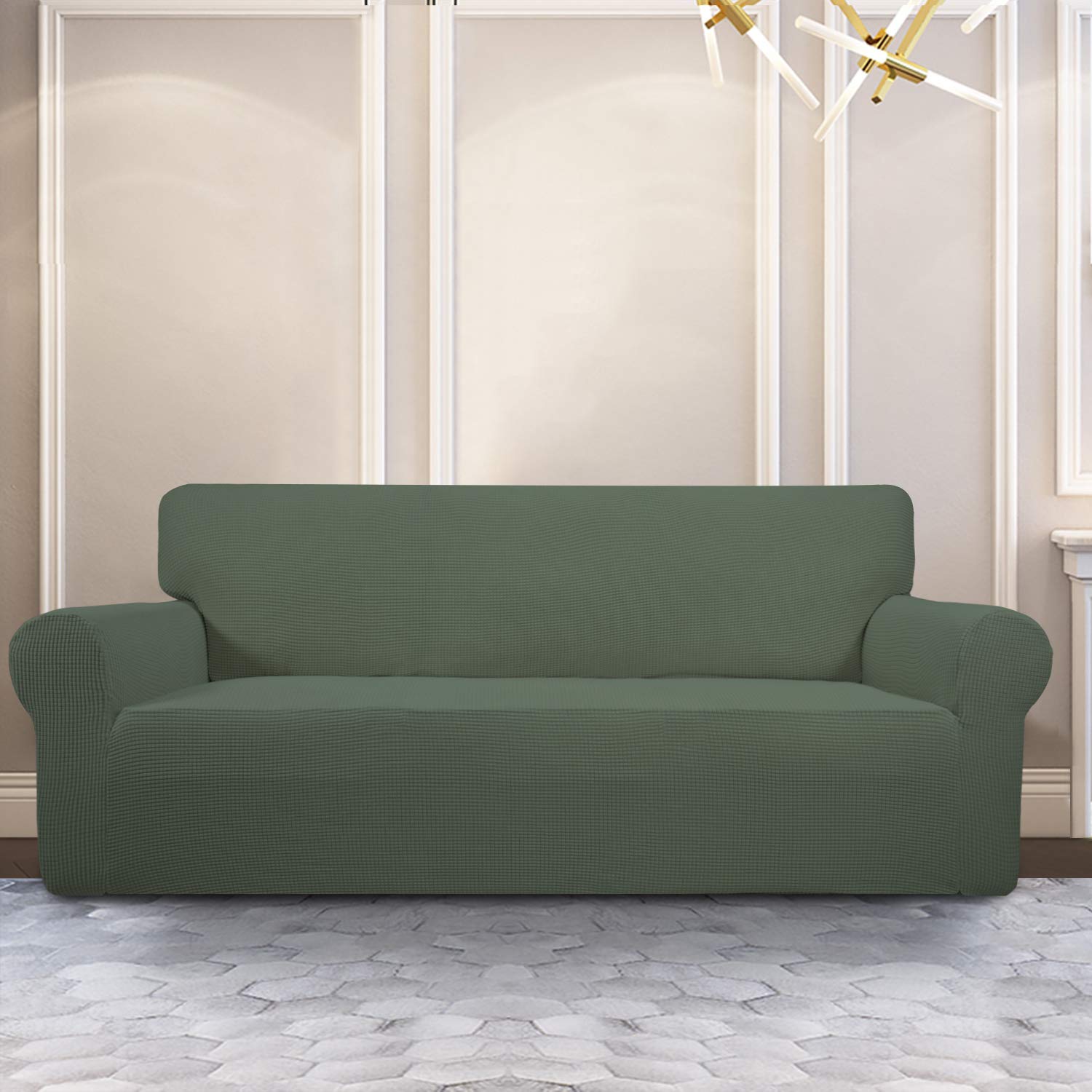 Purefit Stretch Sofa Slipcover – Spandex Jacquard Non Slip Soft Couch Sofa Cover, Washable Furniture Protector With Non Skid Foam And Elastic Bottom For Kids (Sofa, Greyish Green)