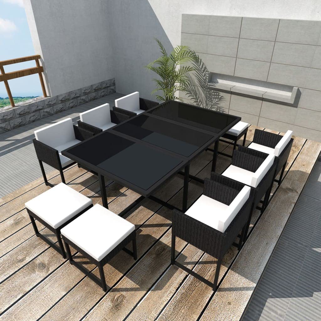 vidaXL Patio Dining Set 11 Piece, Patio Dining Table Set with Glass Tabletop, Rattan Chairs with Cushions, Outdoor Furniture Set, Poly Rattan Black