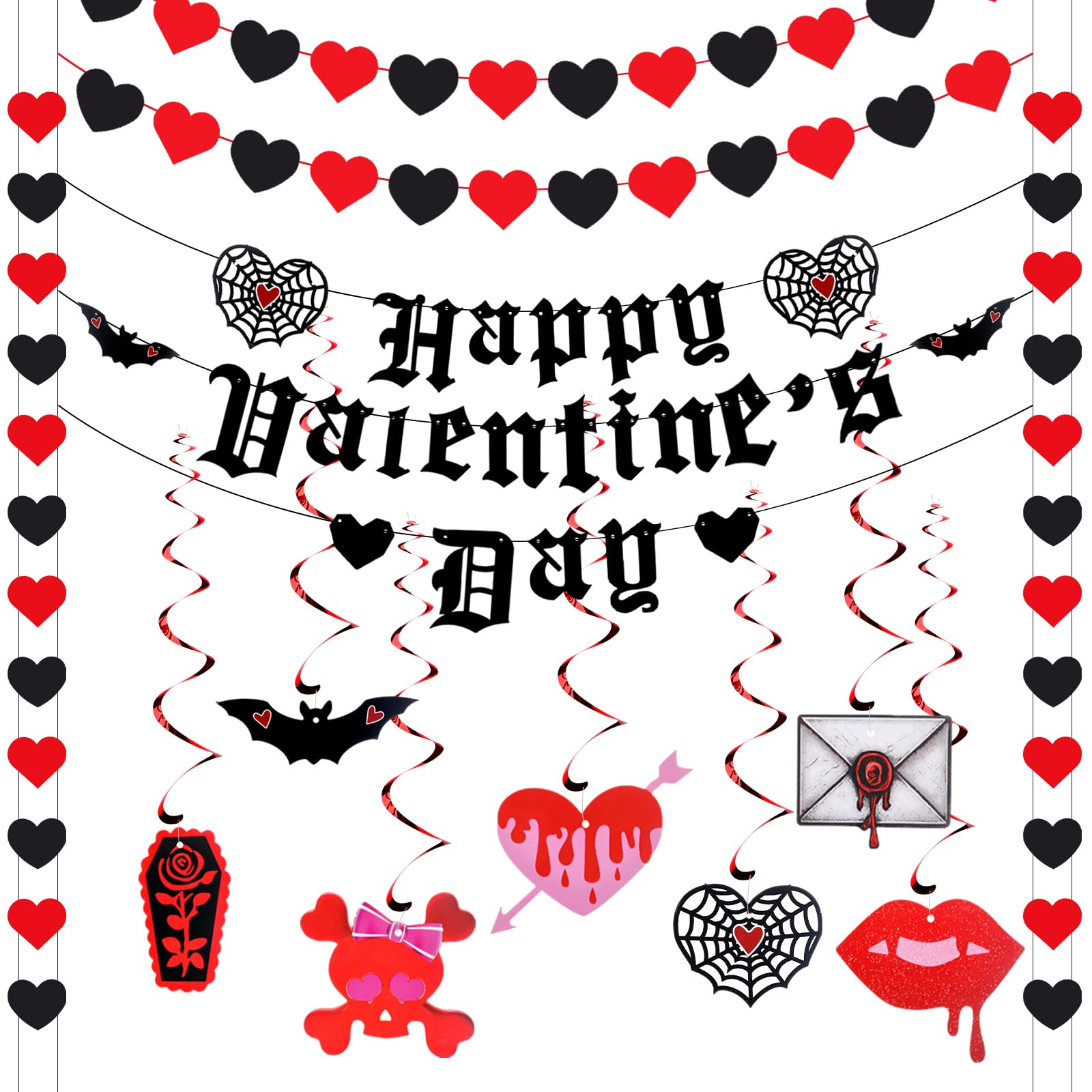 Janinka Gothic Valentines Decor Spooky Goth Valentine Day Decor Black Romantic Gothic Heart Garland Black Bat Theme Banner Garla