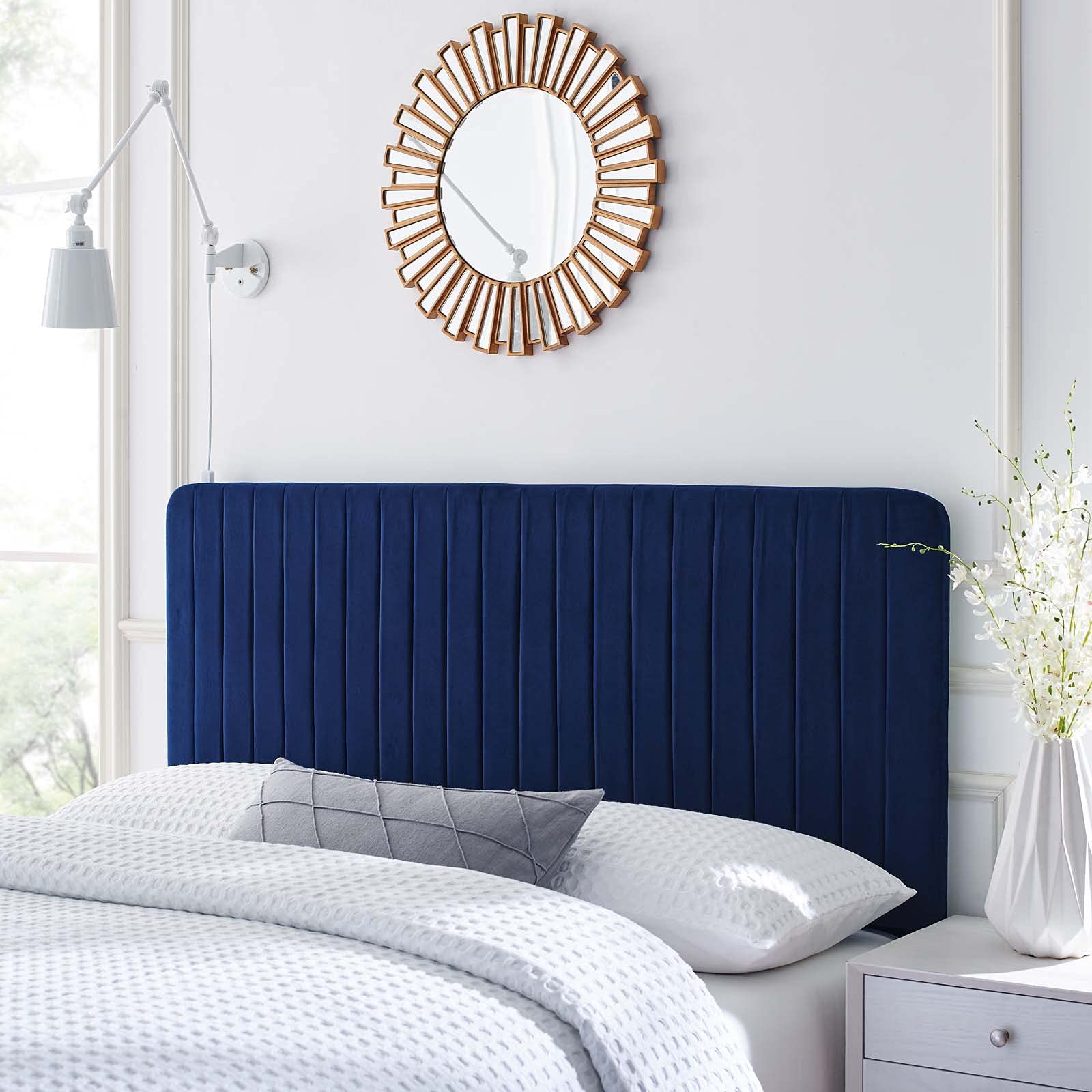 Modway Milenna Channel Tufted Performance Velvet Full/Queen Headboard in Navy