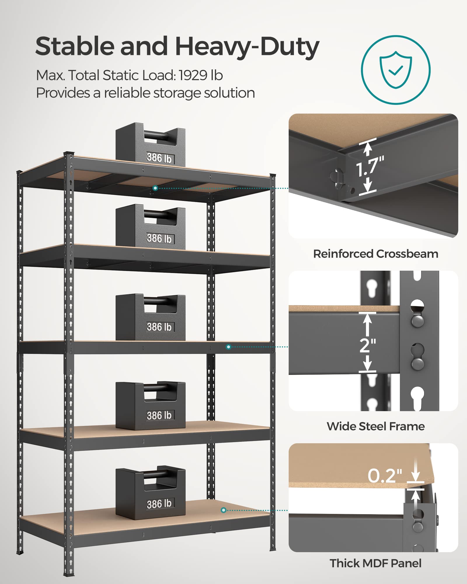 Songmics 5-Tier Storage Shelves, Set Of 2 Garage Storage, Boltless Assembly, Adjustable Shelving Units, 23.6 X 47.2 X 70.9 Inches, Load 1929 Lb Each, Shed Warehouse Basement, Gray Uglr600G02