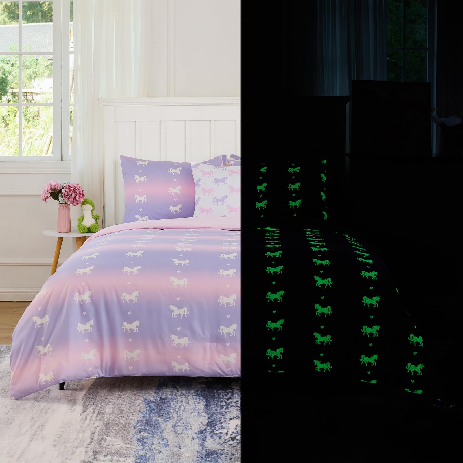 Cokouchyi Twin Comforter Sets For Boys Girls, Unicorn Glow In The Dark Kids Bedding Sets, 5 Pcs Twin Bed In A Bag With Comforter