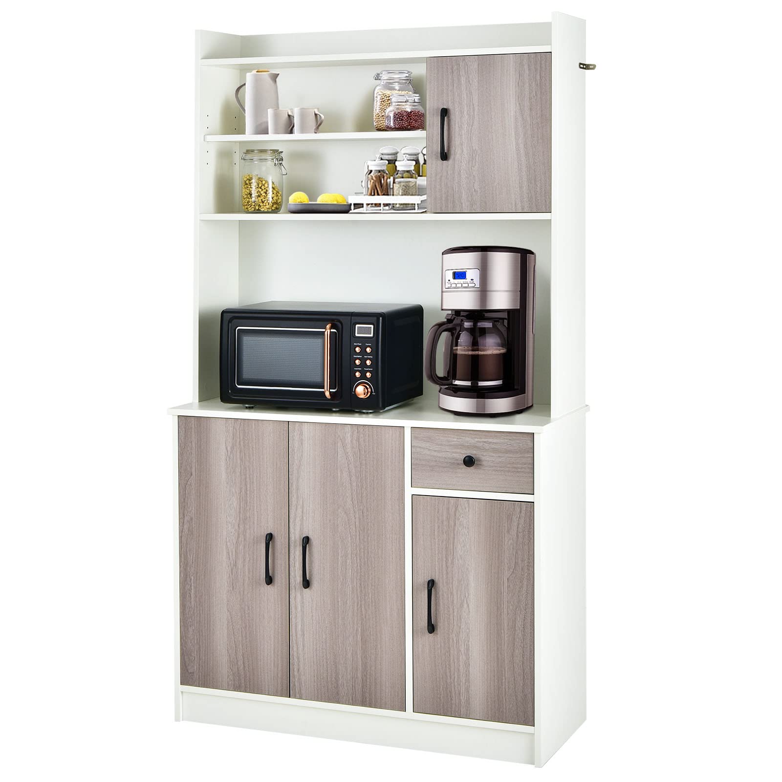 Costway Kitchen Hutch Storage Cabinet, 71' Freestanding Buffet With Hutch, Adjustable Shelves, Drawers And Doors, Tall Kitchen Pantry Cabinet With Countertop For Dining Room, Home, White