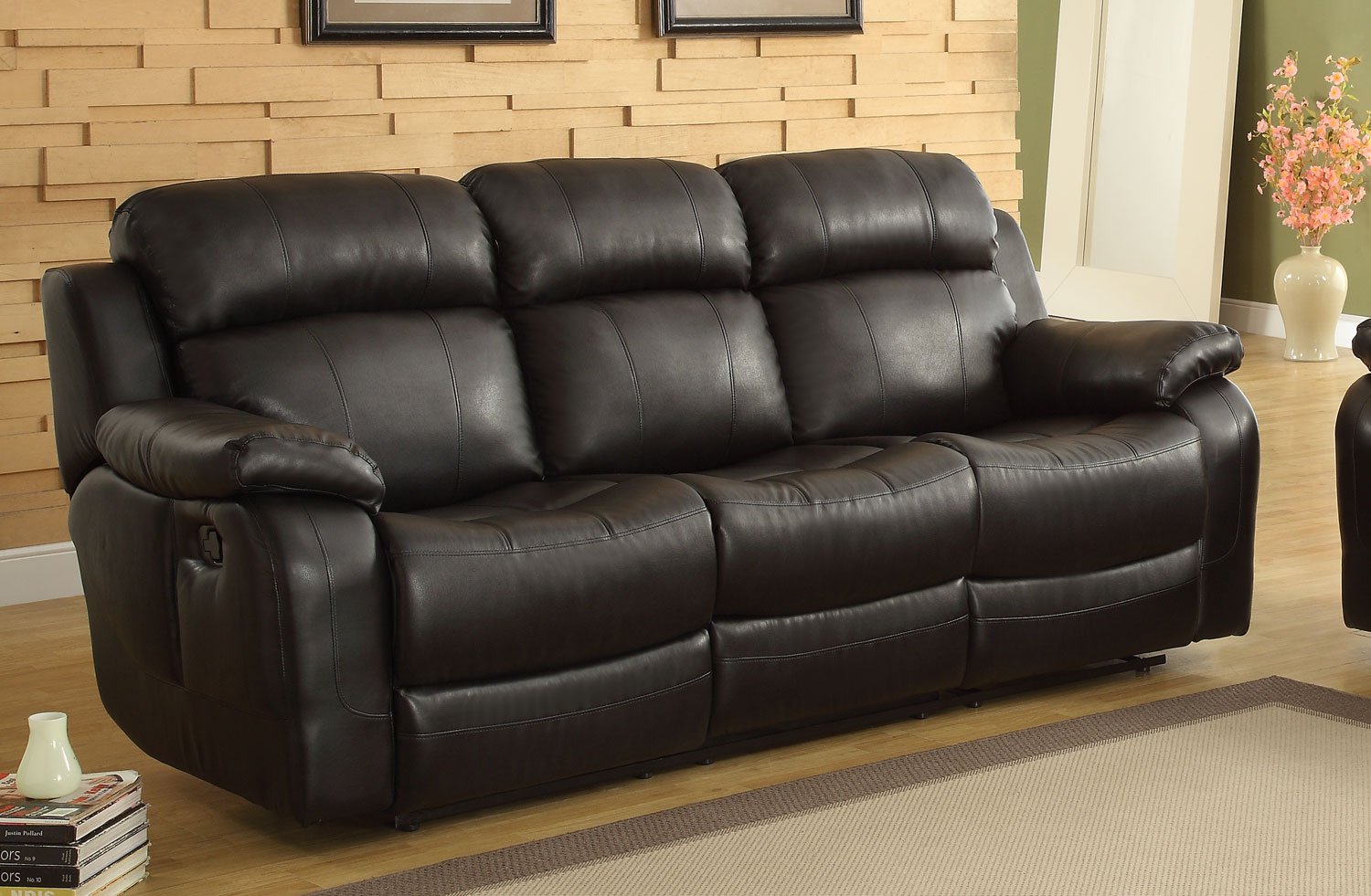 Benjara Benzara Leather Reclining Sofa with Centre Drop Down Cup Holder, Black