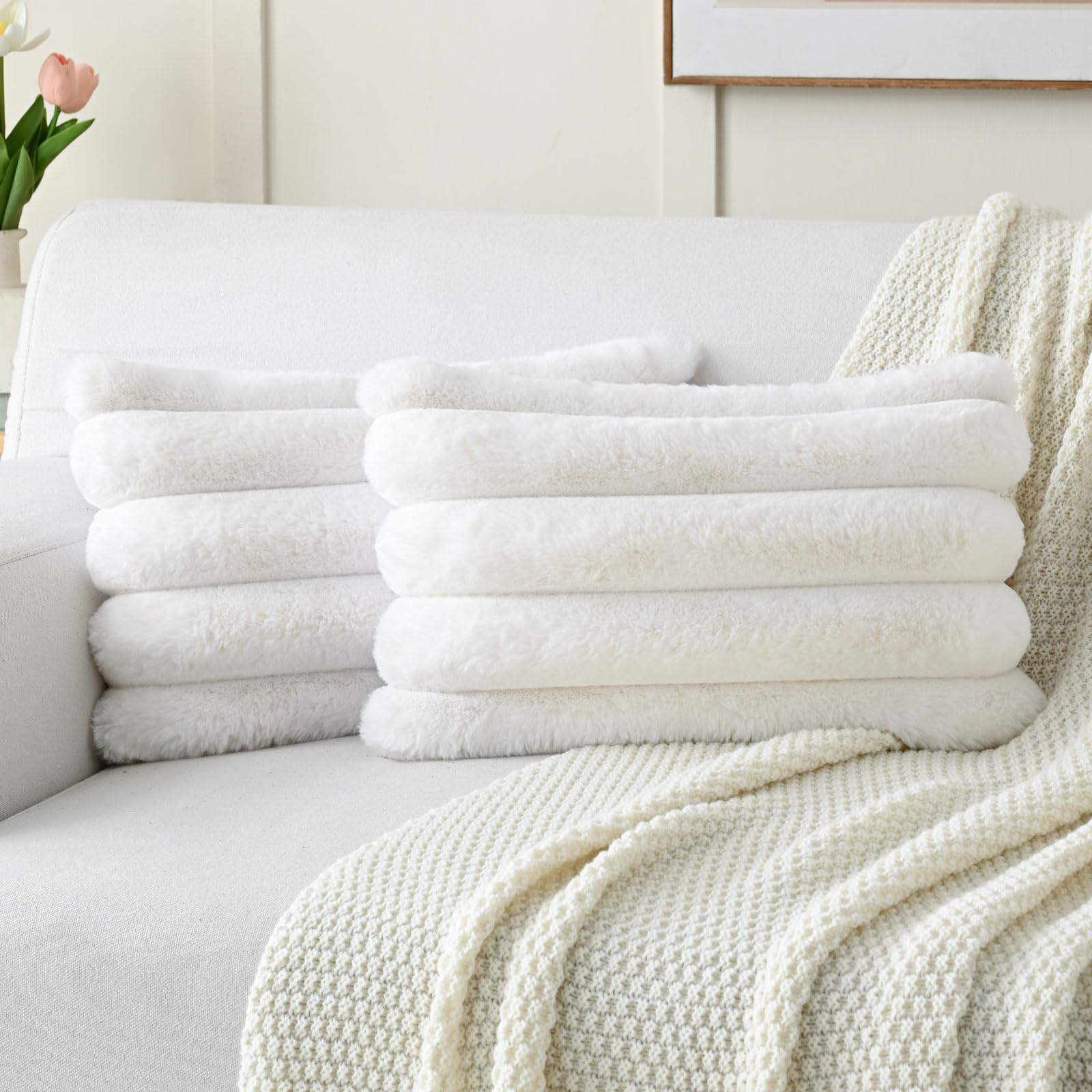 Futei Cream White Decorative Throw Pillow Covers 12X20 Inch Set Of 2, Square Soft Faux Rabbit Fur Big Striped Cushion Cover,Home