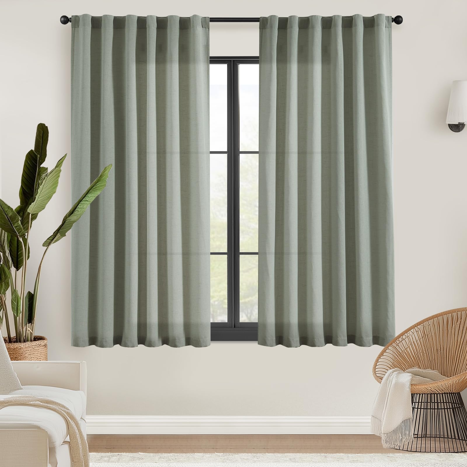 Jinchan Linen Blend Curtains 72 Inches Long For Living Room Farmhouse Rod Pocket Back Tab Light Filtering Window Drapes For Bedroom Curtains Green 2 Panels