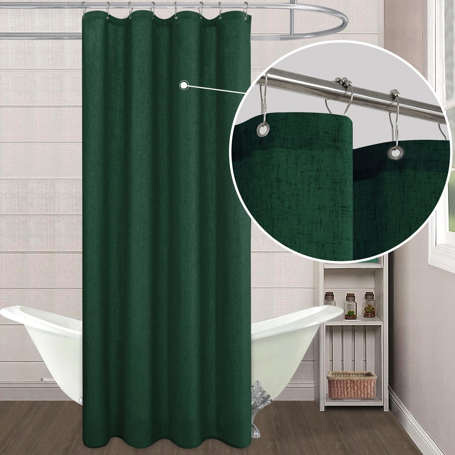 Koufall Dark Green 54X78 Inch Length Waterproof Linen Fabric Shower Curtain
