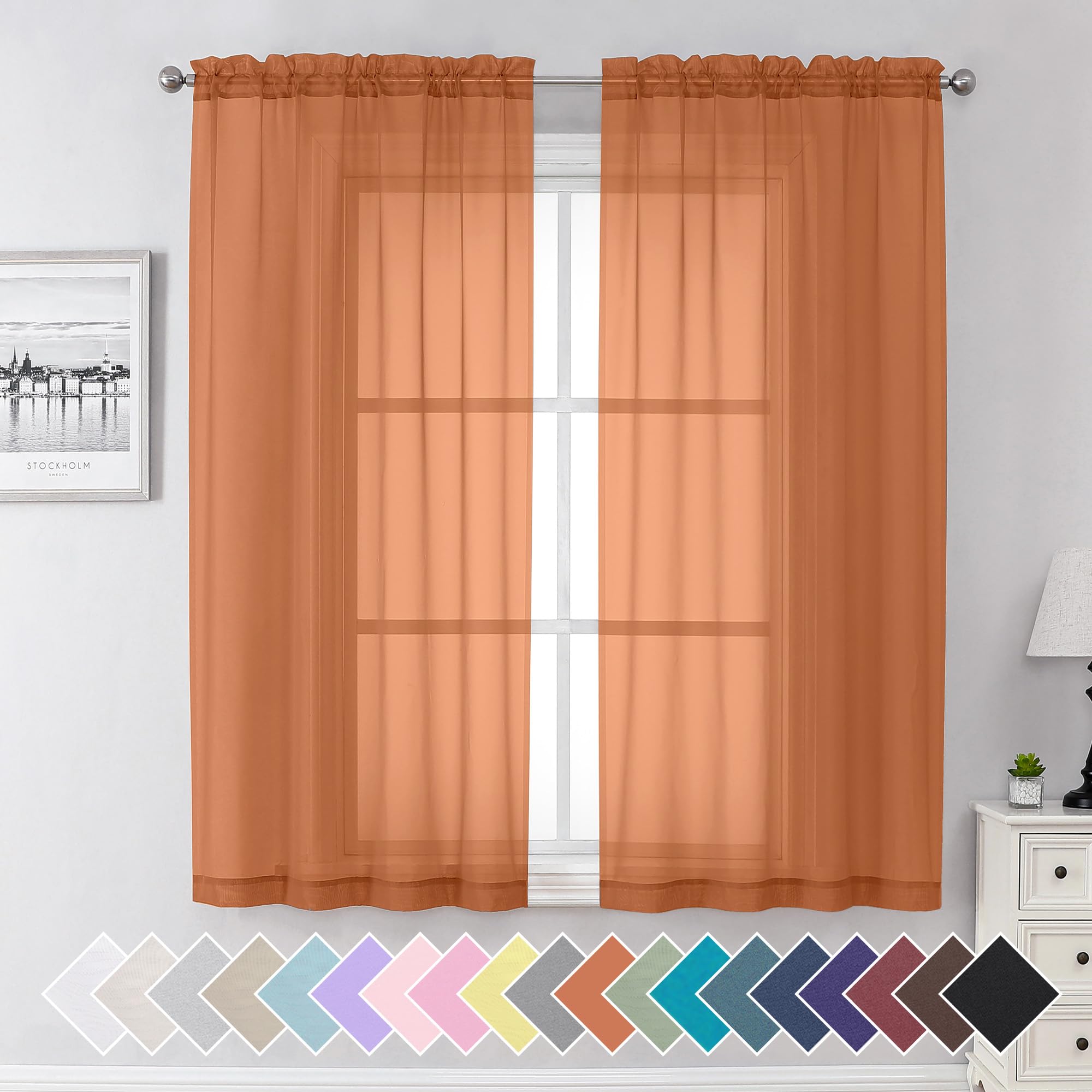 Aiyufeng Orange Sheer Curtains 63 Inch Length 2 Panels Set, Light Filtering Airy Rod Pocket Orange Window Curtain Treatment Drap