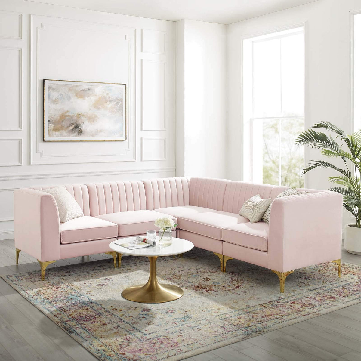 Modway Triumph Channel Tufted Performance Velvet 5-Piece, L-Shaped Sectional Sofa, Pink
