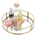 ELLDOO Gold Round Glass Tray, Mirror Jewelry Tray Perfume Tray Mirror Vanity Tray Dresser Tray Ornate Tray Metal Decorative Tray