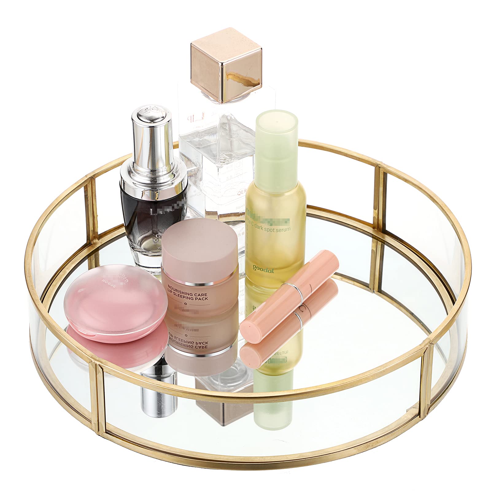ELLDOO Gold Round Glass Tray, Mirror Jewelry Tray Perfume Tray Mirror Vanity Tray Dresser Tray Ornate Tray Metal Decorative Tray