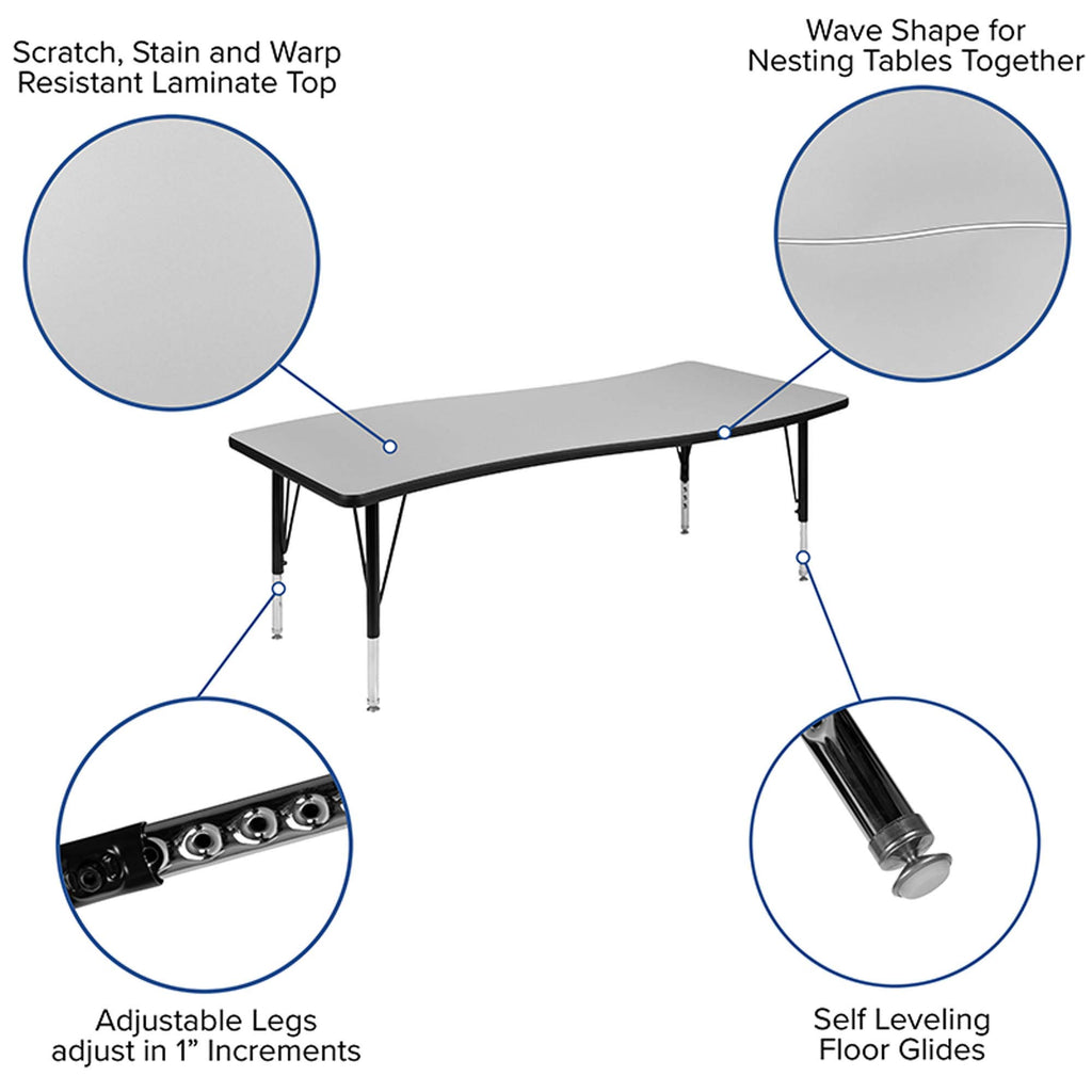 Flash Furniture Emmy 2 Piece 86" Oval Wave Flexible Grey Thermal Laminate Activity Table Set - Height Adjustable Short Legs