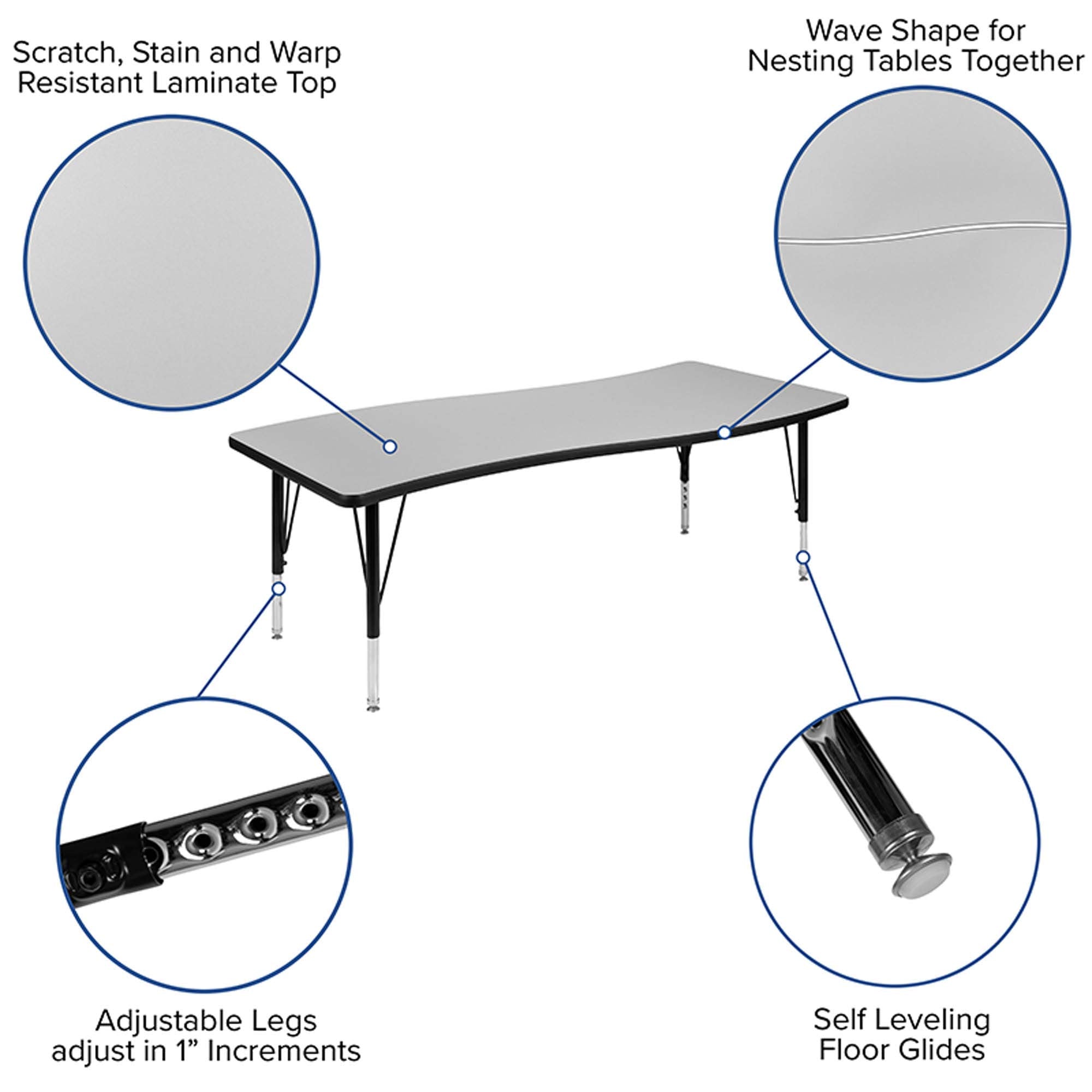 Flash Furniture Emmy 2 Piece 86" Oval Wave Flexible Grey Thermal Laminate Activity Table Set - Height Adjustable Short Legs