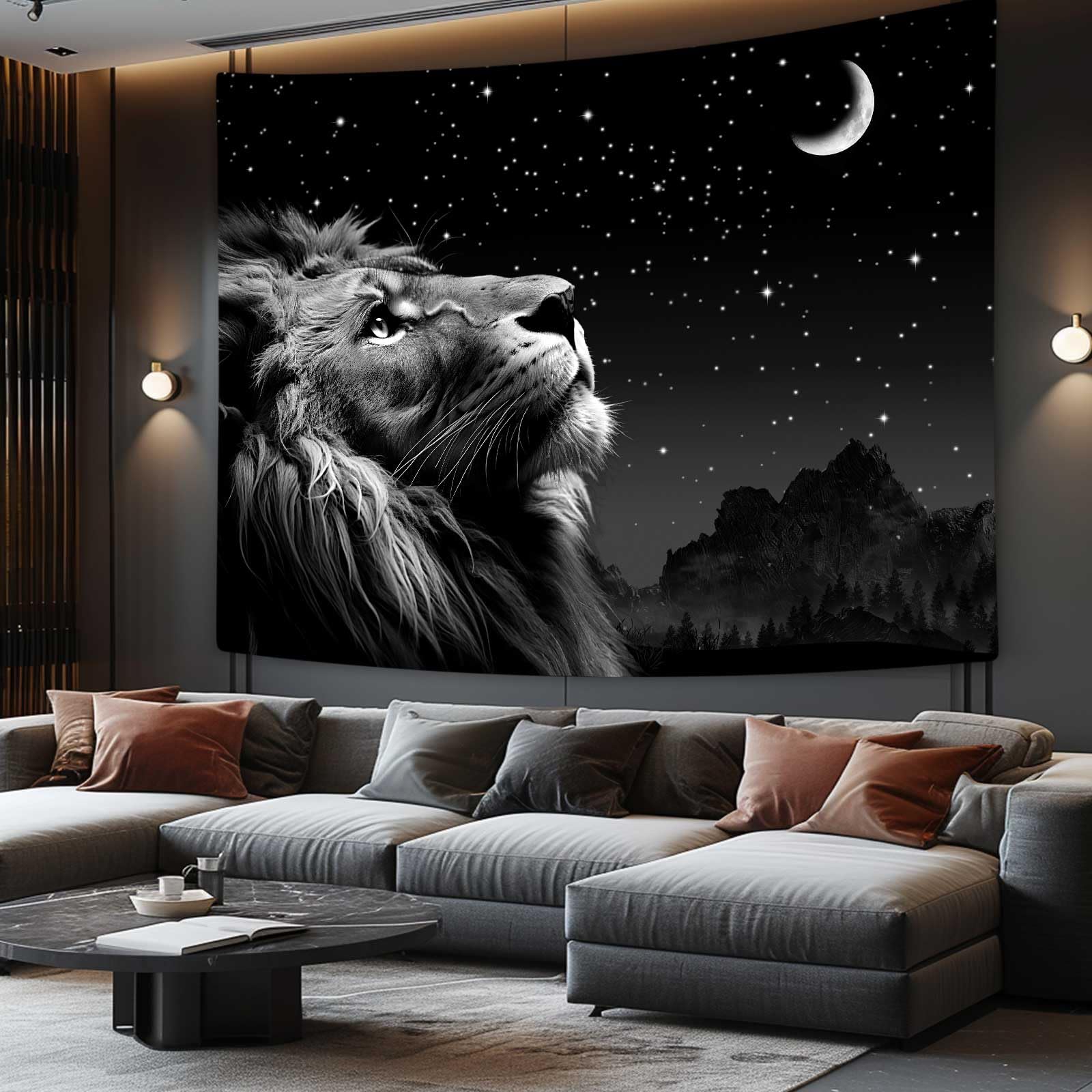 Boziqr Cool Lion Tapestry, Space Stars Moon Tapestry For Men, Aesthetic Black Tapestry Wall Hanging for Bedroom Living Room Coll